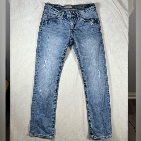 BKE Carter Straight 30R Light Wash Aztec Detail Classic Jeans Denim C17 - Picture 1 of 12